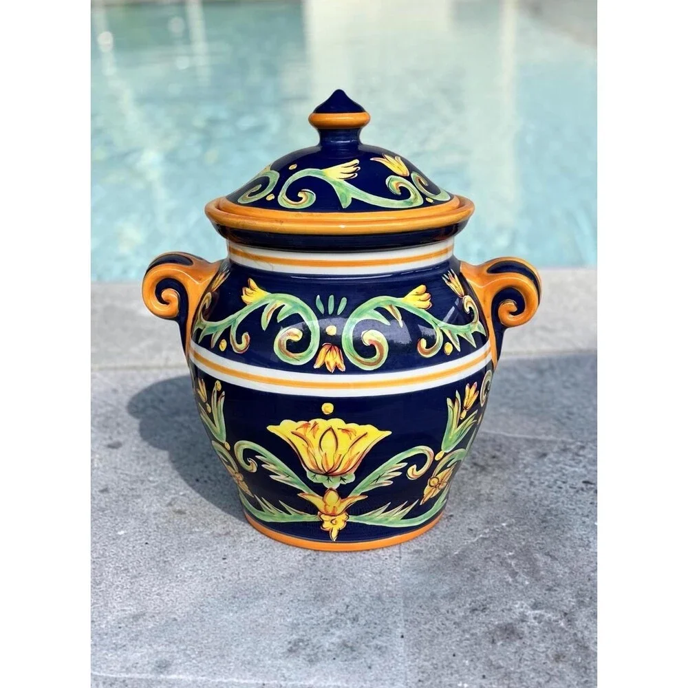 Vintage Tabletops Unlimited Mezzana Ceramic Lidded Jar Urn Floral Tuscan Large
